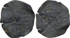 MICHAEL VIII PALAEOLOGOS (1261-1282)? Trachy. Thessalonica(?). Obv: Half length figure of St. Demetrius facing, holding short cross. Rev: Emperor seated facing, holding lis-tipped sceptre and globus c