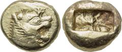 KINGS OF LYDIA. Time of Alyattes-Kroisos (Circa 610-546 BC). EL Trite. Obv: Head of roaring lion right; star on forehead. Rev: Double incuse square punch. Weidauer 89; SNG Kayhan 1013. Condition: Very