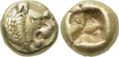KINGS OF LYDIA. Time of Alyattes-Kroisos (Circa 610-546 BC). EL Hemihekte. Sardes. Obv: Head of roaring lion right; star on forehead. Rev: Incuse square punch. Weidauer 90; Rosen 654; SNG Kayhan 1015.
