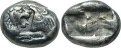 KINGS OF LYDIA. Kroisos (Circa 560-546 BC). 1/6 Siglos. Sardes. Obv: Confronted foreparts of lion and bull. Rev: Double incuse square punch. SNG Kayhan 1019. Condition: Very fine. Weight: 1.64 g. Diam