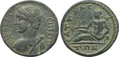 LYDIA. Attalea. Pseudo-autonomous (2nd-3rd century AD). Ae. Obv: BOPEITHNH. Draped bust of Artemis Boreitene left, bow in front, quiver on her back. Rev: ATTAΛΕATΩΝ. River god reclining left, holding 