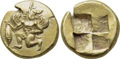 MYSIA. Kyzikos. EL 1/12 Stater (Circa 500-450 BC). Obv: Winged male mythological creature (Phobos?) in running-kneeling stance left, head right, holding tunny by its tail. Rev: Quadripartite incuse sq