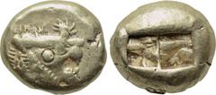 KINGS OF LYDIA. Time of Alyattes-Kroisos (Circa 610-546 BC). EL Trite. Obv: Head of roaring lion right; star on forehead; c/m: incuse circle. Rev: Two incuse square punches. Weidauer 89; SNG Kayhan 10
