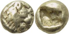 KINGS OF LYDIA. Time of Alyattes-Kroisos (Circa 610-546 BC). EL Hemihekte. Sardes. Obv: Head of roaring lion right; star on forehead. Rev: Incuse square punch. Weidauer 90; Rosen 654; SNG Kayhan 1015.