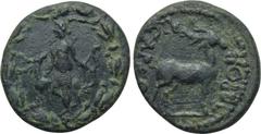 LYDIA. Hierocaesaraea. Pseudo-autonomous. Ae (1st-2nd centuries AD). Obv: Artemis standing left, holding bow and resting hand on stag standing left; all within wreath. Rev: IЄPOKAICAPЄΩN. Stag standin