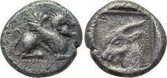 LYCIA. Uncertain. 1/3 Stater (6th-5th centuries BC). Obv: Crowned human-headed sphinx seated right. Rev: Head of goat left within square border. Apparently unpublished. Condition: Near very fine. Weig