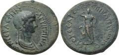 LYDIA. Hierocaesaraea. Agrippina (Augusta, 50-59). Ae. Obv: AΓPIΠΠINAN ΘЄAN CЄBACTHN. Draped bust right. Rev: IЄPOKAICAPЄΩN ЄΠI KAΠITΩNOC. Artemis Persica standing facing, drawing bow from quiver; to 