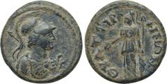LYDIA. Thyateira. Pseudo-autonomous (2nd-3rd centuries). Ae. Obv: Helmeted and cuirassed bust right, wearing aegis around neck and with spear over shoulder. Rev: ΘVΑTЄIPHNΩN. Athena standing left, hol