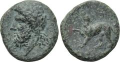 SICILY. Syracuse. Third Democracy (336-317 BC). Ae Tetras. Obv: Bearded and laureate head of Asklepios left. Rev: Barking dog standing left, forepaw raised. CNS 84; SNG ANS -; SNG Morcom 721. Conditio