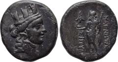 LYDIA. Magnesia ad Sipylum. Ae (2nd-1st centuries BC). Obv: Head of Tyche right, wearing mural crown. Rev: MAGNHTΩN / ΣΙΠΥΛΟΝ. Zeus Lydios standing left with eagle and sceptre. Control: monogram t lef