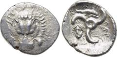 DYNASTS OF LYCIA. Perikles (Circa 380-360 BC). 1/3 Stater. Obv: Facing lion’s scalp. Rev: Triskeles; dolphin in upper field, female facing head in lower left field. SNG Copenhagen -; SNG von Aulock -;