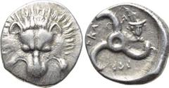 DYNASTS OF LYCIA. Perikles (Circa 380-360 BC). 1/3 Stater. Obv: Facing lion's scalp. Rev: Triskeles; facing head of Hermes in upper right field, wearing winged petasos. BMC 155 var. (head right). Cond