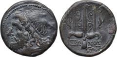 SICILY. Syracuse. Hieron II (275-215 BC). Tetras. Obv: Diademed head of Poseidon left. Rev: IEPΩNOΣ. Ornate trident head, flanked by two dolphins; ΣΩ to lower right. SNG ANS 1004; HGC 2, 1550. Conditi