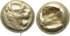 KINGS OF LYDIA. Time of Alyattes-Kroisos (Circa 610-546 BC). EL Hemihekte. Sardes. Obv: Head of roaring lion right; star on forehead. Rev: Incuse square punch. Weidauer 90; Rosen 654; SNG Kayhan 1015.