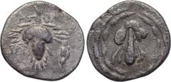 LYDIA. Tralles. Cistaphoric Didrachm (Circa 128-85 BC). Apoll-, magistrate. Obv: Club draped with lion skin; all within wreath. Rev: ΑΠΟΛ. Grape bunch within leaves; hand holding kerykeion to right. C