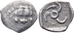 DYNASTS OF LYCIA. Mithrapata (Circa 390-370 BC). Diobol. Obv: Facing scalp of lion. Rev: MEΘPA in Lycian . Triskeles. Control: Dolphin; all within incuse square. Falghera 196 var. (no dolphin); CNG E-
