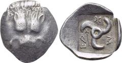 DYNASTS OF LYCIA. Mithrapata (Circa 390-370 BC). Diobol. Obv: Facing scalp of lion. Rev: MEΘ in Lycian . Triskeles. Control: Arrow and quiver; all within incuse square. Falghera 195 var. (no symbols);