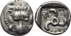 DYNASTS OF LYCIA. Perikles (Circa 380-360 BC). Third Stater. Obv: Facing scalp of lion. Rev: ΠAP / EKΛA ( in Lycian script ). Triskeles; to upper left, laureate and draped bust of Apollo facing slight