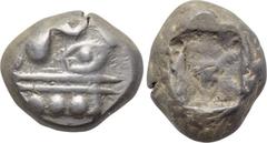LYCIA. Phaselis. Stater (Circa 520-490 BC). Obv: Prow of galley in the form of a boar's forepart left; dolphin below. Rev: Rough incuse square punch. SNG von Aulock 4392. Condition: Very fine. Weight: