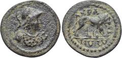 LYDIA. Acrasus. Pseudo-autonomous. Time of Septimius Severus (193-211). Ae. Obv: Helmeted and cuirassed bust of Athena right. Rev: AKPACIΩTΩN. Lion advancing right. SNG Copenhagen 2; BMC 14. Condition