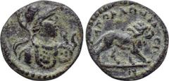 LYDIA. Apollonis. Pseudo-autonomous (1st-2nd centuries). Ae. Obv: Helmeted and cuirassed bust of Athena facing slightly right, wearing aegis. Rev: AΠOΛΛωNIDЄωN. Lion standing right. BMC 14. Very rare 