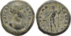 LYDIA. Hyrcanis? Hadrian (117-138). Ae. Obv: ΚΑΙCΑΡ ΑΔΡΙΑΝΟC. Laureate bust right. Rev: Dionysus standing left, holding filleted thyrsus and pouring cantharus. Cf. SNG Copenhagen 209; cf. Waddington 5