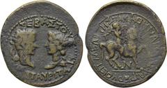 LYDIA. Mastaura. Tiberius, with Livia (14-37). Ae. Obv: ΣEBAΣTOYΣ MAΣTAYPITAI. Laureate head of Tiberius and draped bust of Livia, vis-a-vis. Rev: AΘHNAΓOPAΣ XAIPEOY EΠIMEΛHTHΣ TΩN ΠAN. The hero Masta