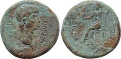 LYDIA. Tralleis. Nero (54-68). Ae. Obv: NERWN KAICAP. Bare head right. Rev: KAICAPEWN ΛAPACIOC. Zeus seated left, holding Nike and sceptre. RPC 2655. Condition: Very fine. Weight: 13.28 g. Diameter: 2