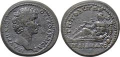 LYDIA. Tripolis. Marcus Aurelius (Caesar, 138-161). Ae. Obv: Μ ΑΥΡΗΛΙΟС ΟΥΗΡΟС ΚΑΙСΑΡ. Bare head right. Rev: ΤΡΙΠΟΛЄΙΤΩΝ ΜΑΙΑΝΔΡΟ. River-god Maeandrus reclining left, holding reed and cornucopia, and 