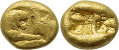 KINGS OF LYDIA. Kroisos (Circa 564/53-550/39 BC). GOLD Hekte. Sardes. Obv: Confronted foreparts of lion right and bull left. Rev: Two incuse square punches. Berk 7; Traité I 404 = de Luynes 2779; SNG 