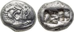 KINGS OF LYDIA. Kroisos (Circa 564/53-550/39 BC). Siglos. Sardes. Obv: Confronted foreparts of lion right and bull left. Rev: Two incuse square punches. SNG Kayhan 1024-6. Condition: Very fine. Weight