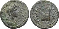 LYDIA. Thyateira. Plotina (Augusta, 105-123). Ae. Obv: ΠΛΩTЄINA CЄBACTH. Draped bust right. Rev: ΘVATЄIPHNΩN. Lyre. SNG von Aulock -; SNG Copenhagen -; BMC -; Isegrim -; apparently unpublished. Extrem