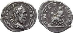 MACRINUS (217-218). Denarius. Rome. Obv: IMP C M OPEL SEV MACRINVS AVG. Laureate and draped bust right. Rev: P M TR P II COS P P. Macrinus seated left on curule chair, holding globe and sceptre. RIC 2