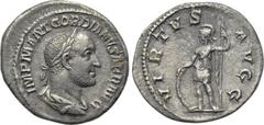 GORDIAN II (238). Denarius. Rome.. Obv: IMP M ANT GORDIANVS AFR AVG. Laureate, draped and cuirassed bust right. Rev: VIRTVS AVG. Virtus standing left, holding shield and spear. RIC 3. Condition: Good 