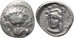 DYNASTS OF LYCIA. Zagaba (Circa 400-380 BC). Third Stater. Obv: Facing lion's scalp. Rev: Helmeted head of Athena facing slightly left, monogram to right; lycian legend around. Vismara -; BMC -; SNG v