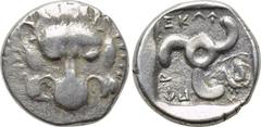 DYNASTS OF LYCIA. Perikles (Circa 380-360 BC). 1/3 Stater. Obv: Facing lion's scalp. Rev: Triskeles; bust of Apollo in left field. SNG Copenhagen -; SNG von Aulock -; BMC -; Isegrim -; cf. Roma Numism