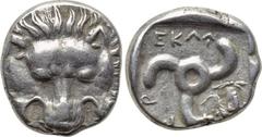 DYNASTS OF LYCIA. Perikles (Circa 380-360 BC). 1/3 Stater. Obv: Facing lion's scalp. Rev: Triskeles; bust of Apollo in left field. SNG Copenhagen -; SNG von Aulock -; BMC -; Isegrim -; cf. Roma Numism