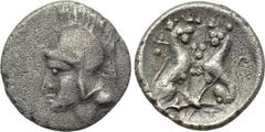 LYCIA. Tios. Uncertain Dynast (Circa 400-380 BC). Obol. Obv: Helmeted head of Athena left. Rev: Two panthers seated facing one another, heads facing, each raising forepaw. Cf. SNG von Aulock 4200 (sta