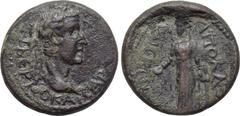 LYDIA. Apollonoshieron. Tiberius (14-37). Ae. Obv: TIBERIOC KAICAP. Laureate head right. Rev: AΠOΛΛΩNIEPEITΩN. Apollo standing facing, head left, holding patera and lyre. RPC 3043. Condition: Very fin