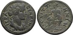 LYDIA. Saitta. Pseudo-autonomous. Ae (Circa 198-268). Obv: IEPA CVNKΛHTOC. Draped bust of the Senate right. Rev: CAITTHNΩN. Kybele seated left, holding phiale and resting elbow upon drum; lion at feet