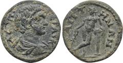 LYDIA. Saitta. Geta (Caesar, 198-209). Ae. Obv: Λ CEΠ ΓETAC K. Draped bust right. Rev: CAITTHNΩN. Apollo standing left, leaning on short column, legs crossed and holding branch. BMC 49. Condition: Ver