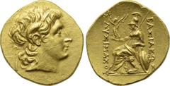 KINGS OF THRACE. Lysimachos (305-281 BC). GOLD Stater. Uncertain mint. Obv: Diademed head of Alexander right, wearing horn of Ammon. Rev: ΒΑΣΙΛΕΩΣ / ΛΥΣΙΜΑXΟΥ. Athena seated left, holding Nike and spe