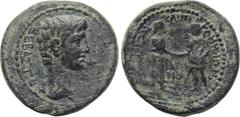 LYDIA. Sardes. Augustus (27 BC-AD 14). Ae. Homonoia with Pergamum. Mousaius, magistrate. Obv: ΣEBAΣTOY. Bare head right. Rev: ΣAPΔIANΩN KAI ΠEPΓAMHNΩN MOYΣIAΣ. The Demoi of Pergamum and Sardes claspin