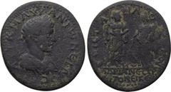 LYDIA. Stratonicea. Elagabalus (218-222). Ae. Philozenus Artemonus, strategos. Homonoia with Hadrianopolis. Obv: AVT K M AVP ANTωNЄINOC. Laureate, draped and cuirassed bust right. Rev: ЄΠI CTPA ΦIΛOZЄ