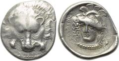 DYNASTS OF LYCIA. Zagaba (Circa 400-380 BC). Third Stater. Obv: Facing lion’s scalp. Rev: Helmeted head of Athena facing slightly left. Lycian legend around. SNG Copenhagen - (cf. Supp. 469); Vismara 