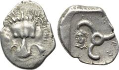 DYNASTS OF LYCIA. Perikles (Circa 380-360 BC). 1/3 Stater. Obv: Facing lion's scalp. Rev: Triskeles; bust of Apollo in left field. SNG Copenhagen -; SNG von Aulock -; BMC -; Isegrim -; cf. Roma Numism