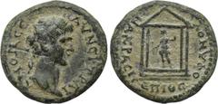 LYDIA. Nakrasa. Trajan (98-117). Ae. Theophanes, strategos. Obv: ΑV ΝЄΡ ΤΡΑΙΑΝΟΝ СЄ. Laureate head right. Rev: ΝΑΚΡΑСΙΤ ЄΠΙ ΘЄΟΦΑΝΟV. Tetrastyle temple, containing facing statue of Artemis. RPC III 17