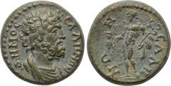 LYDIA. Sala. Pseudo-autonomous. Time of Trajan (98-117). Ae. Obv: ΔHMOC CAΛHNΩN. Draped bust of Demos right. Rev: CAΛHNΩN. Hermes standing facing, head left, holding kerykeion and purse. SNG Leypold 1