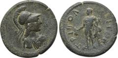 LYDIA. Tripolis. Pseudo-autonomous. Ae (2nd century AD). Obv: Helmeted bust of Athena right. Rev: TPIΠOΛEITΩN. Hermes standing left, holding caduceus and purse. SNG Copenhagen 723. Condition: Very fin