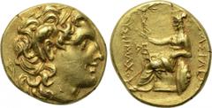 KINGS OF THRACE. Lysimachos (305-281 BC). GOLD Stater. Uncertain mint. Obv: Diademed head of the deified Alexander right, with horn of Ammon. Rev: BAΣIΛEΩΣ / ΛYΣIMAXOY. Athena seated left on throne, h